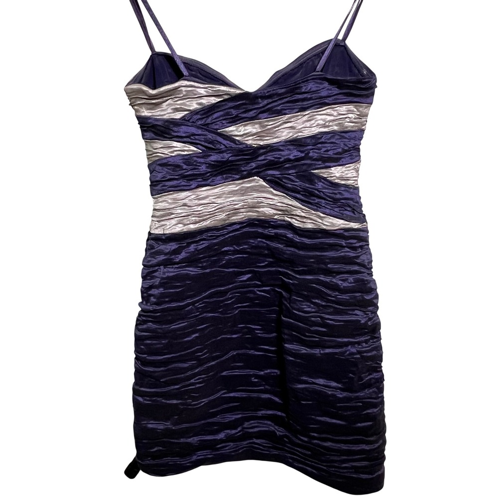 BCBGMAXAZRIA Womens Strapless Crinkle Mini Dress 4 Blue Silver Metallic Good - Picture 2 of 11